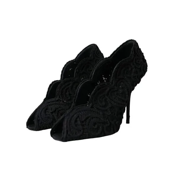 Dolce & Gabbana Black Cordonetto Ricamo Pump Open Toe Shoes - Picture 3 of 9